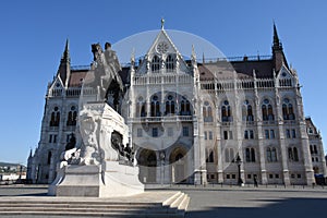 Statue of Count Gyula Andrassy in front of Hungarian parliament building photo
