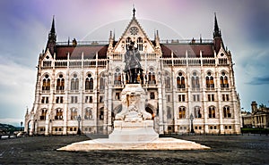 Statue of Count Gyula Andrassy and Hungarian Parliament building photo