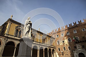 Statue of Dante Alighieri in Piazza dei Signori, Verona, Italy. Beautiful statues of Dante in the middle of Verona old town with