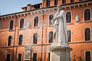 Statue of Dante Alighieri on square Piazza dei Signori in Verona