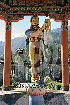 statue of a divinity (?) in a buddhist monument (national memorial chorten) in thimphu (bhutan)