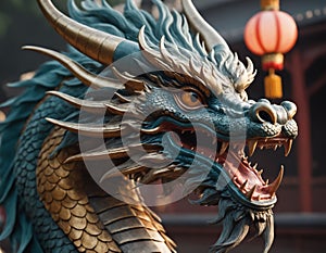 a statue of a dragon with its mouth open and eyes wide open