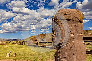 Statue `el Fraile` at Tiwanaku archeological site, Bolivia