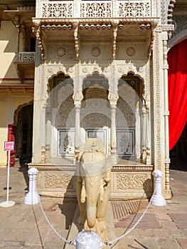 Statue of elephant at Rajendra Pol in Jaipur City Palace, Rajasthan, India
