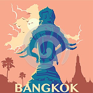 Statue of elephants in Bangkok city vintage poster.