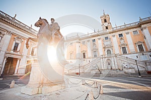 The statue Equestre of Marco Aurelio in Piazza del Campidoglio on the top of Capitoline Hill with the facade of Palazzo Senatorio