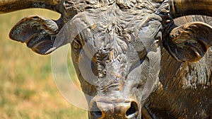 A statue of a famous rodeo bull known for its ferocity and ability to throw even the most skilled riders photo