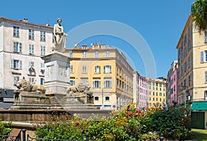 Statue on Foch square in city center of Ajaccio, Corsica, France.