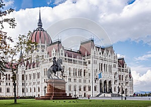 Statue of Francis II Rakoczi, a Hungarian leader, on the background of the Hungarian Parliament Building