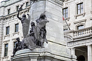 Statue of Francois Xavier de Montmorency Laval, with native indians and colonialist underneath photo