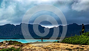 Statue of a Frogman overlooks the Hawaiian beachfront