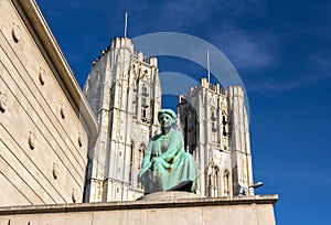 Statue in front of Cathedral of St. Michael and St. Gudula in Br