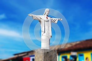 Statue in front of the Church of Nossa Senhora D\'Ajuda in Arraial d\'Ajuda district of Porto Seguro Bahia, Brazil