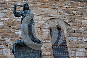 Statue in front of the Facade of Old Palace called Palazzo Vecchio at the Piazza della Signoria in Florence, Tuscany, Italy
