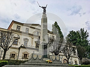 The statue in front of the old Zamek Myslivski castle in Cieszyn photo