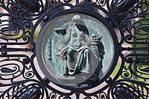 Statue on a gate at the international court of justice freedom palace the hague netherlands