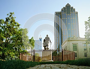 Statue of George Washington at the state capitol in Raleigh overlooking Fayetteville St and downtown