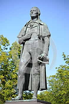 Statue of German poet Friedrich Schiller 1910. Kaliningrad. Russian, German text