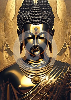 Statue of God Buddha. Decorative digital 2D painting. Color illustration for background. Picturesque portrait for the interior.