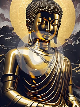 Statue of God Buddha. Decorative digital 2D painting. Color illustration for background. Picturesque portrait for the interior.