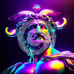 Statue of the Greek god Apollo in neon light. 3D rendering Generative AI