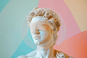 Statue of a Greek god with sleeping mask on eyes. World Sleep Day concept. Rest and relax, daydreaming, healthy sleep, lazy day