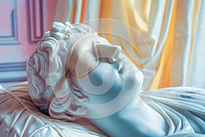 Statue of a Greek god with sleeping mask on eyes. World Sleep Day concept. Rest and relax, daydreaming, healthy sleep, lazy day