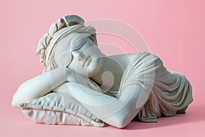 Statue of a Greek goddess with sleeping mask on eyes. World Sleep Day concept. Rest and relax, daydreaming, healthy sleep, lazy