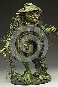 A statue of a green troll with an axe and leaves, AI