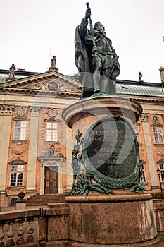 Statue of Gustaf Eriksson Vasa in front of House of Nobility Riddarhuset, Gamla Stan, Stockholm, Sweden