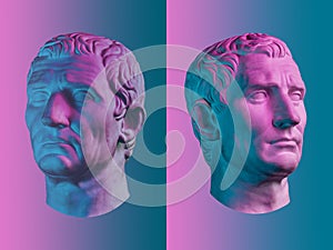 Statue of Guy Julius Caesar Octavian Augustus. Creative concept colorful neon image with ancient roman sculpture Guy