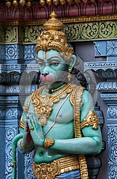 A statue of Hanuman, the Hindu Monkey God on the exterior wall of the Sri Krishnan Temple (Hindu) in Singapore.