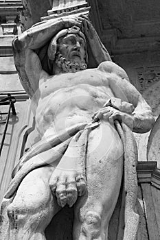 Statue of Hercules at the entrance to the 18th century Palazzo Vescovile Bishops Palace in the historical center of Mantua,