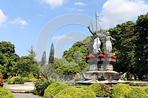 Statue of heroes in public park Lapangan Puputan of Badung in Bali. Taken in January 2022