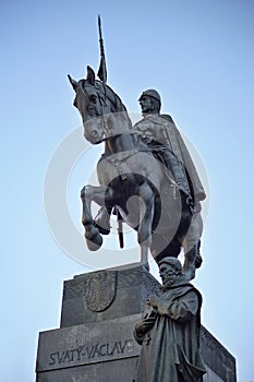 Statue of the historical Czech Saint Vaclav sitting on the armored horse at the top of the Vaclavske Namesti