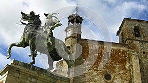 Statue on horseback of Francisco Pizarro in the main square of Trujillo Spain, conqueror of Peru