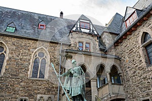 Statue   I, Graf Adolf von Berg in front medieval Schloss Burg, Castle Burg, Solingen, Germany