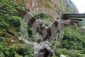 Statue of the Inca Cosmological Trilogy at the town of Aguas Calientes or Machupicchu Pueblo, Cusco, Peru