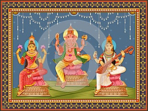 Statue of Indian God Lakshmi Ganesha and Saraswati with vintage floral frame background