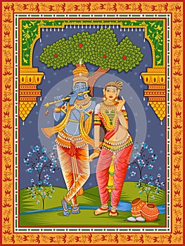Statue of Indian God Radha and Krishna with vintage floral frame background