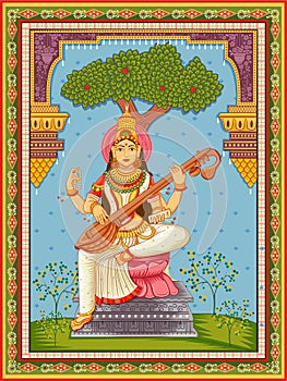 Statue of Indian Goddess Saraswati with vintage floral frame background photo