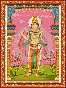 Statue of Indian Lord Rama with vintage floral frame background