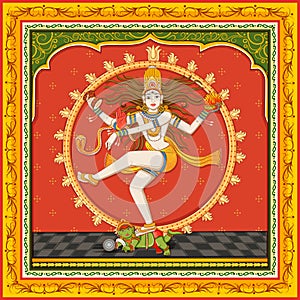 Statue of Indian Lord Shiva Nataraja with vintage floral frame background