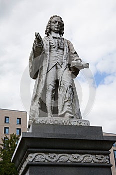 A statue of Isaac Watts a well known hymn writer and Christian Minister at Watts Park in Southampton, Hampshire, UK