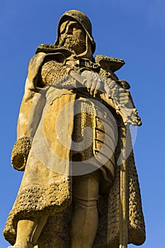 Statue of Jan Zizka in front of church in Tabor, Czech Republic