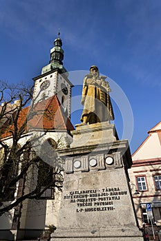 Statue of Jan Zizka in front of church in Tabor, Czech Republic