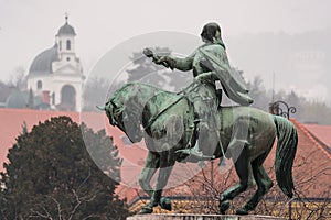 Statue of Janos Hunyadi on Szechenyi Square in Pecs, Hungary