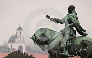 Statue of Janos Hunyadi on Szechenyi Square in Pecs, Hungary