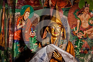 Statue of Je Tsongkhapa, founder of the Gelugpa school in Likir Gompa. Ladakh, India