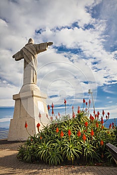Statue of Jesus Christ at Garajau in Funchal with amazing areal view, Madeira